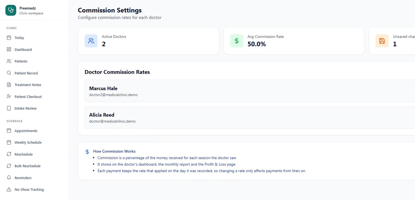 Preemedz commission settings with demo data