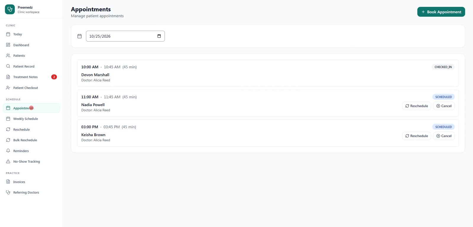 Preemedz doctor view with demo data
