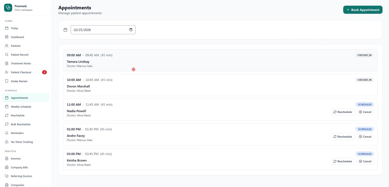 Preemedz appointments list with demo patients